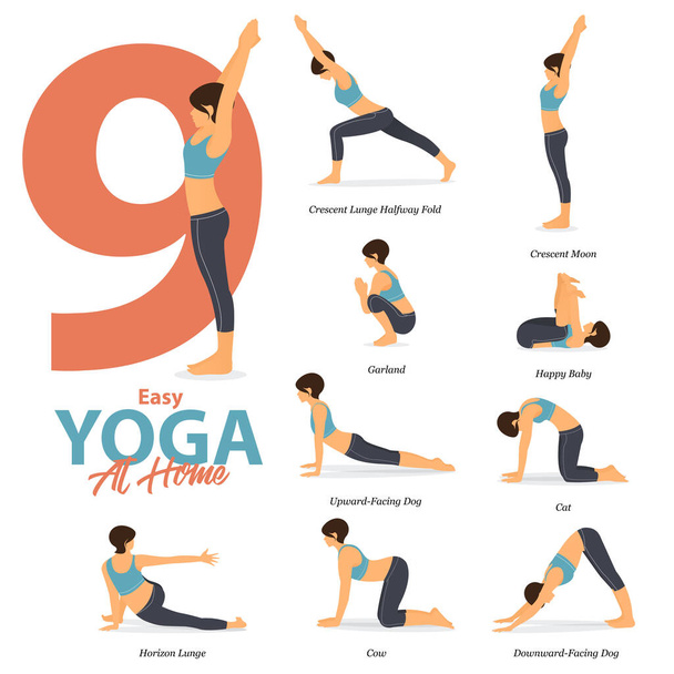 Infografik zu 9 Yoga-Posen für Easy Yoga zu Hause in flachem Design. Schönheit Frau macht Übung für Körper Stretching. Set von Yoga zu Hause Infografik. Vektorillustration. - Vektor, Bild