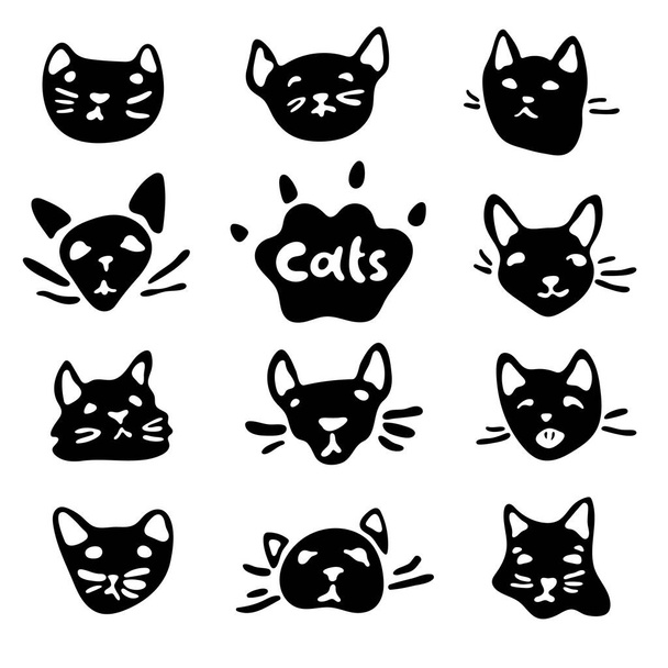 Χαριτωμένο μαύρο και άσπρο κεφάλι γάτες που με κινούμενα σχέδια συναισθήματα και όμορφα πρόσωπα. Αστείοι χαρακτήρες σε λευκό φόντο. Εικονογράφηση διάνυσμα και doodle επίπεδη σχεδίαση. Κλιπ απόθεμα μαύρο και άσπρο εικονίδια - Διάνυσμα, εικόνα