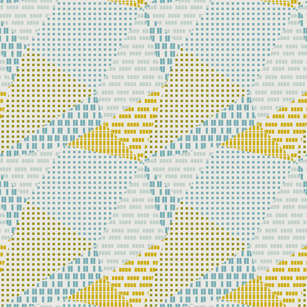 Teksturowany trójkątny wzór geometryczny bez szwu dla tła, owijania, tkaniny, tkaniny, owijania, powierzchni, tkaniny i druku. Wektor retro wibracje powtarzalny motyw w niebiesko-żółty - Wektor, obraz