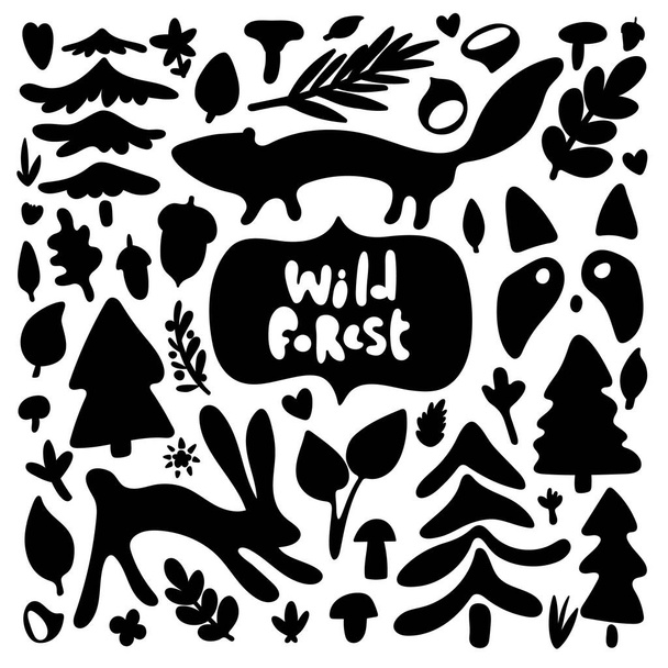 Wild Forest Set Konstrukteur von Cartoon schwarzen Silhouetten isoliert auf weiß. Waschbär, Nerz und Hase versteckten sich im Wald. Schwarz-weiße quadratische Grußkarte. Für Karten, T-Shirt-Druck und Ihr Design. - Vektor, Bild