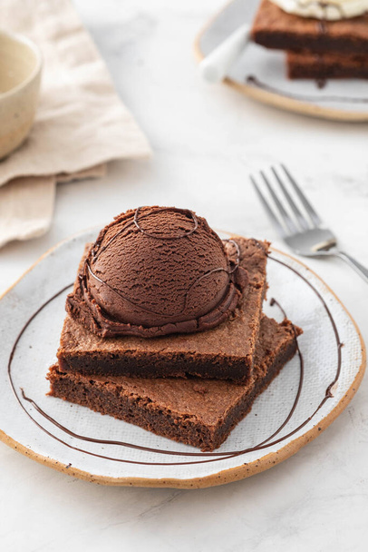 Chocolate Brownie with Ice Cream. Copy space. - Fotografie, Obrázek