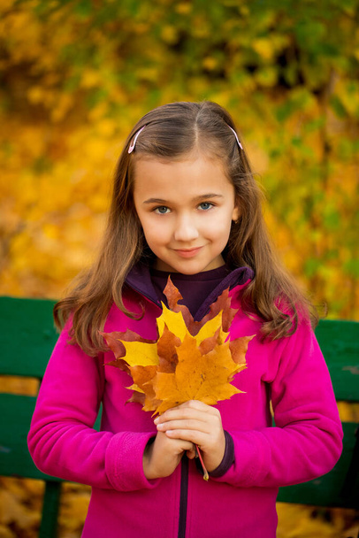 Beautiful Russian Little Child Hold Colorful Maple Leaves In Her Hands In Park In Autumn. Close Up Portrait. - 写真・画像