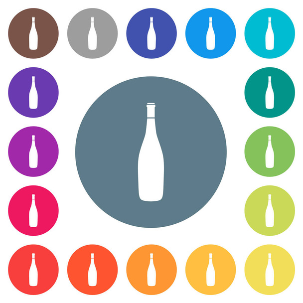 丸い色の背景にワインボトルフラットホワイトアイコン。17種類の背景色が含まれています. - ベクター画像