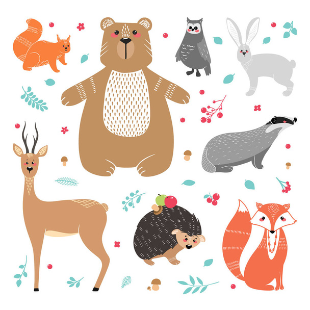 Cute animals: fox, badger, squirrel, owl, deer, doe, roe deer, hare, rabbit, hedgehog bear and different elements Illustration hand drawn in scandinavian style - Vecteur, image