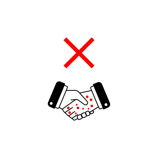 Kädenpuristus on kiellettyä. Toinen käsi bakteereita ravistelee toista kättä ja x sen yläpuolella merkki
 - Vektori, kuva