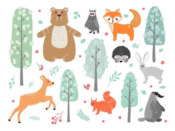 Cute animals: fox, badger, squirrel, owl, deer, doe, roe deer, hare, rabbit, hedgehog bear and different elements Illustration hand drawn in scandinavian style - Vecteur, image