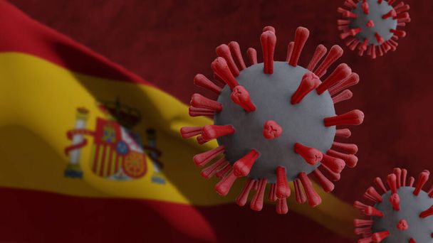 背景にスペイン語のフラグが付いているCovid 19コロナウイルス - 写真・画像