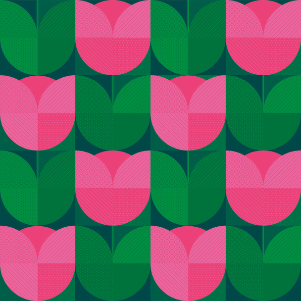 Геометричний абстрактний тюльпан безшовний візерунок для фону, обгортання, тканини, текстилю, обгортання, поверхні, інтернету та дизайну друку. Класичний рожевий і зелений весняний квітковий повторюваний мотив
. - Вектор, зображення
