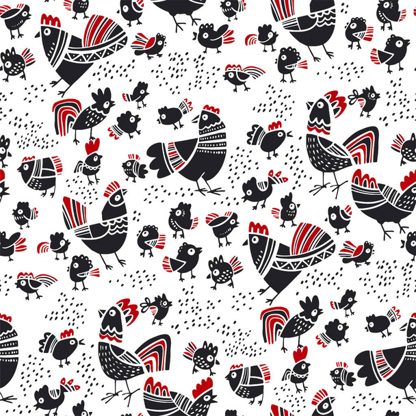 Fun folk Easter chicken seamless pattern for background, fabric, textile, wrap, surface, web and print design. Repeatable motif in ethnic classic cute style. - Vector, Imagen
