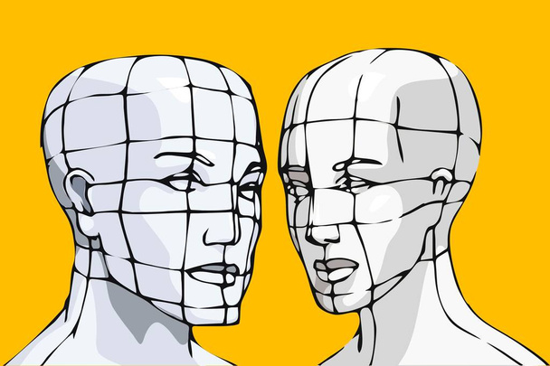 Virtual cabeças cyborg design em um fundo amarelo
. - Foto, Imagem