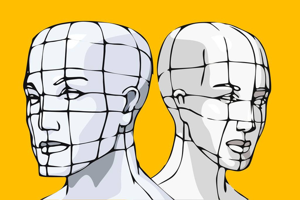 Virtuális fejek kiborg design sárga alapon. - Fotó, kép
