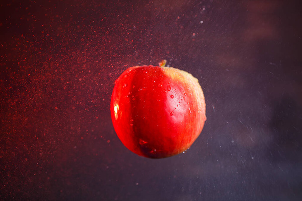 punainen-keltainen iso omena, tulvii vettä tummalla pohjalla
 - Valokuva, kuva