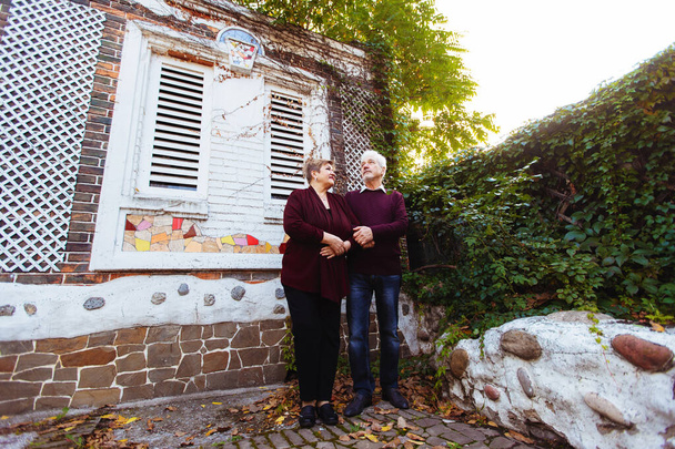 Elderly couple in love walking in the autumn park. - Foto, Bild