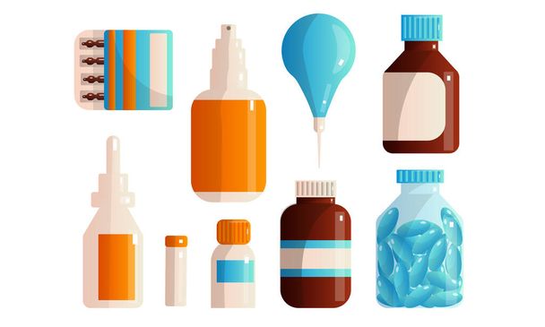 Set of medical first aid kit drugs that contain various pills, potions, drops, ampoules. Vector illustration in a flat cartoon style. - Vector, Image