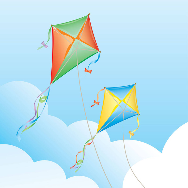 Kite πάνω από τα σύννεφα. Εικονογράφηση διάνυσμα των χαρτών στον αέρα.Ιπτάμενοι χαρταετοί - Διάνυσμα, εικόνα