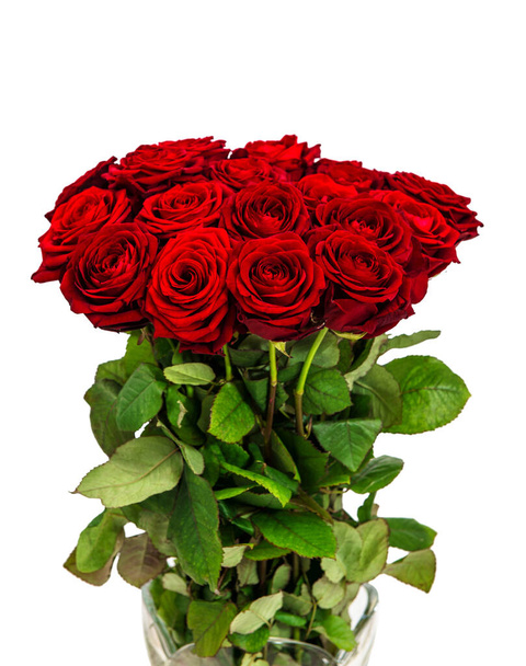 Red rose flowers bouquet on white background. Fresh blossoms - Foto, Imagem