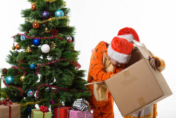 Kutu tutan bir kız, kutuda Noel oyuncakları arayan bir kız. - Fotoğraf, Görsel