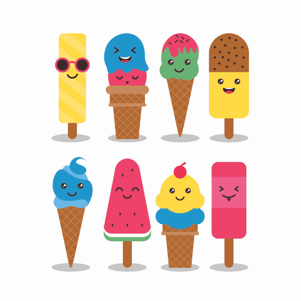 Cute flat ice cream character set Illustration Design with soft color, Ice Cream cartoon character Template Vector - Vector, Image