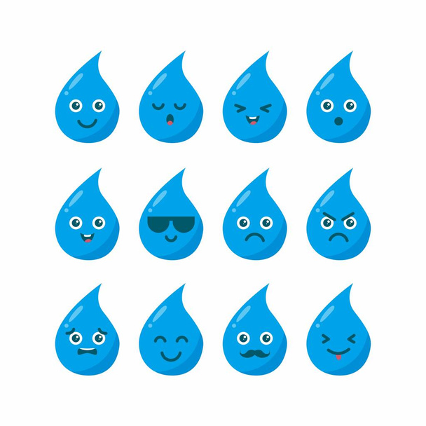 Cute flat blue water character set illustration design, water cartoon emoji characters template vector - Вектор,изображение