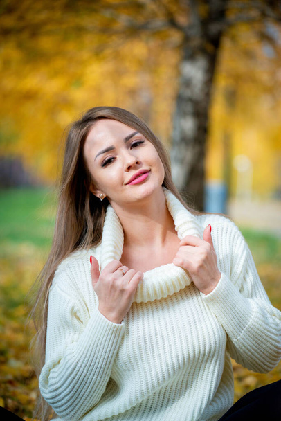 portrait of young beautiful blonde woman posing in autumn park - Photo, Image