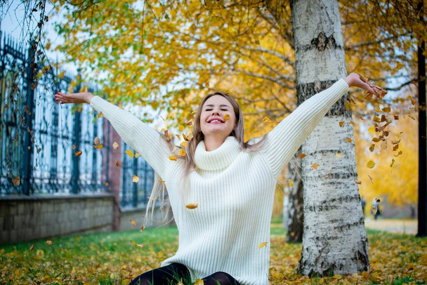 young beautiful woman posing in autumn park  - Photo, Image
