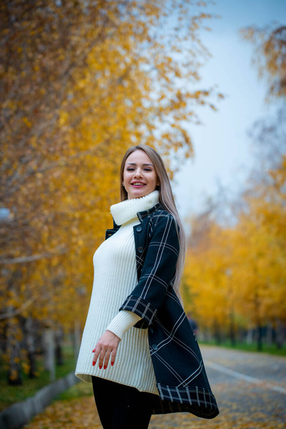 young beautiful woman posing in autumn park  - 写真・画像