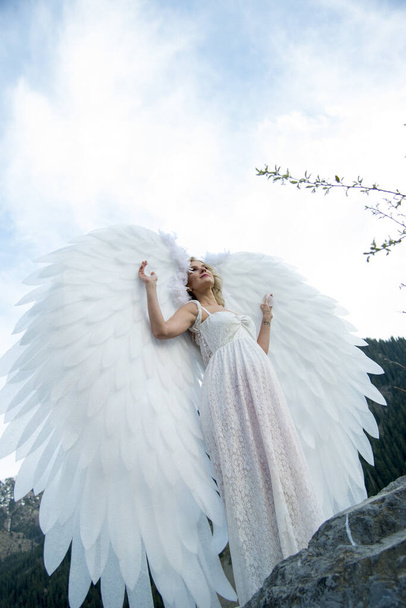 beautiful bride with angel wings posing in nature  - Фото, изображение
