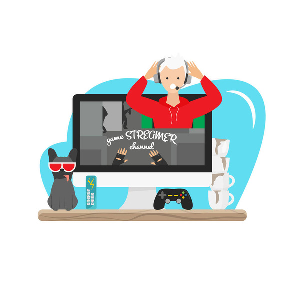 Vector illustration of professional game streamer playing online. Blogger recording stream and live video of reviewing computer games. Young man creating content of hobby and posting in social media - Vector, Image