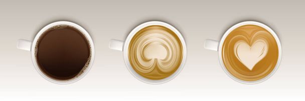 Coffee cups top view set, realistic mug with drink - Вектор,изображение
