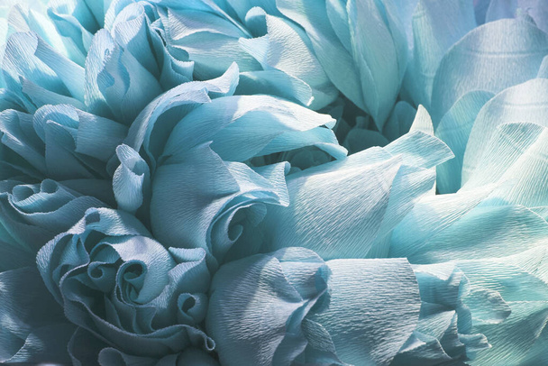 Blue flower texture background. Artifical peony flower petals. Dreamy Abstract pastel floral backdrop. Beautiful blossom, flower waves. Handmade flower. Macro close up, copy space, selective focus - Фото, изображение