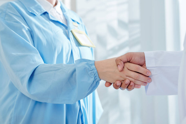 Female surgeon shaking hand of physician before discussing difficult case - Photo, image