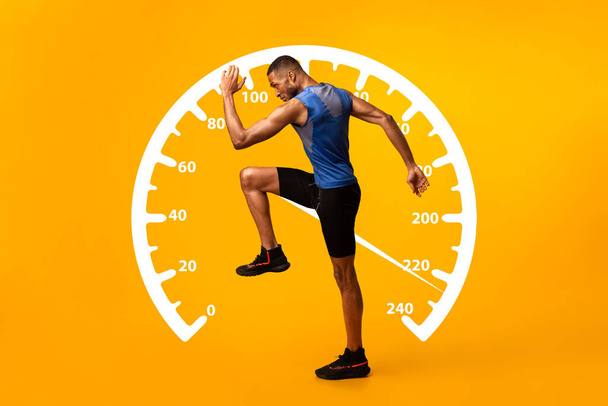 Collage with African American sportsman walking or running and speedometer on orange background - Photo, Image