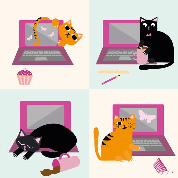 Симпатичный мультяшный кот и ноутбук вектор безseamless узор фон. Рыжие и черные кошки мешают рабочему процессу в офисе. Ручное рисование весело повторить. Вся печать для работы из дома концепции
. - Вектор,изображение