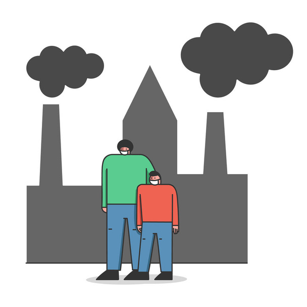 環境保護、大気汚染の概念。保護された顔のマスクの父と息子は、煙を放出工場管に対して通りを歩いています.漫画リニアアウトラインフラットベクトルイラスト - ベクター画像