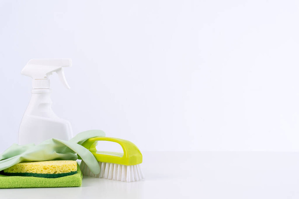 Cleaning product tool equipments, concept of housekeeping, professional clean service, housework kit supplies, copy space, close up. - Fotoğraf, Görsel
