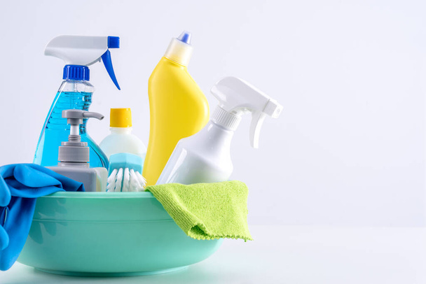 Cleaning product tool equipments, concept of housekeeping, professional clean service, housework kit supplies, copy space, close up. - Valokuva, kuva