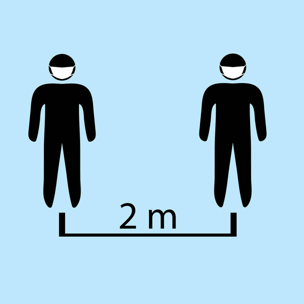 Піктограма соціального дистанціювання. Дві людини в масках стоять на прямій відстані один від одного. Роздільний знак 2 метри. Стрілка особистого простору. Спорожнити просте повідомлення. Векторні
. - Вектор, зображення