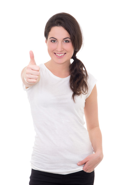 vrouw in blanco wit t-shirt duimen omhoog geïsoleerd op wit - Foto, afbeelding