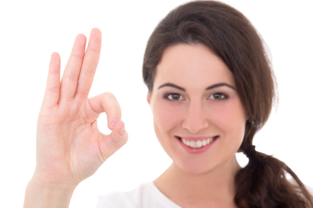 portrait of smiling woman with okay gesture isolated on white ba - Φωτογραφία, εικόνα