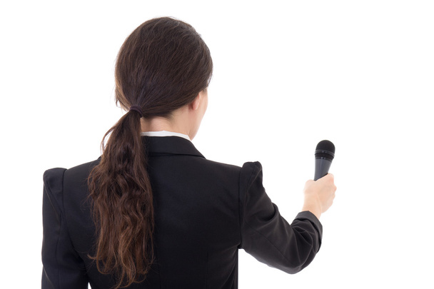 giornalista femmina con microfono isolato su bianco - Foto, immagini