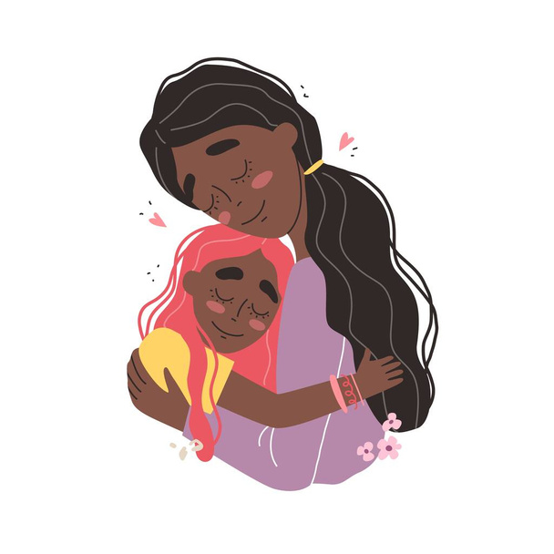 Hermosa joven afroamericana negra y su encantadora hijita. Chica abraza mamá y sonríe
 - Vector, imagen