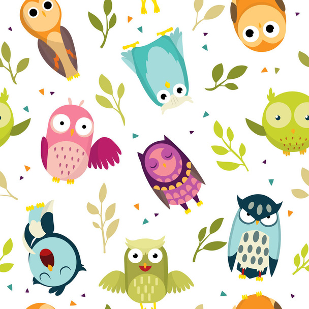 Seamless pattern with colorful owls. Cute funny forest bird. Decorative and style toy, doll. Happy and joyful bird in flat style. Isolated children cartoon illustration, for print - Вектор,изображение