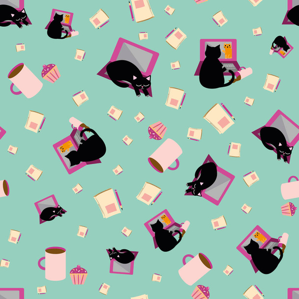 かわいい漫画猫とラップトップベクトルシームレスなパターンの背景。ブラックフェライン、ノートブック、コーヒーカップミントグリーンの背景。楽しいビジネスオフィスデザイン。家のコンセプトから仕事のためのすべての印刷. - ベクター画像