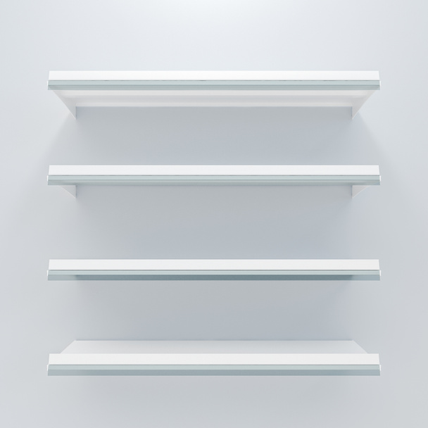 Cuatro estantes al por menor de comestibles blancos con estante conversador aislado en plantilla de diseño de fondo gris para maqueta. diseño de renderizado 3d para el objeto de producto de visualización en el supermercado
 - Foto, Imagen
