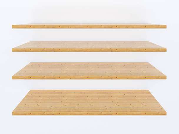 Набір з чотирьох дерев'яних полиць з різним кутом зору. З білим ізольованим тлом. 3D макет зображення з видом спереду
  - Фото, зображення