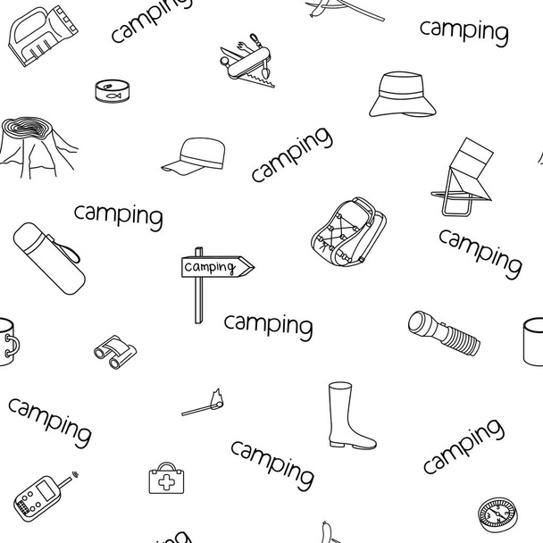 seamless vector pattern on the theme of camping, tourism, with camping accessories, on a white background, isolated, with the word. - Vector, Image