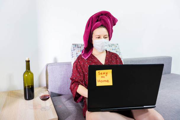 girl is working laptop from home room during Coronavirus or Covid-19 quarantine, coronavirus covid 19 infected patient. - Foto, Imagen