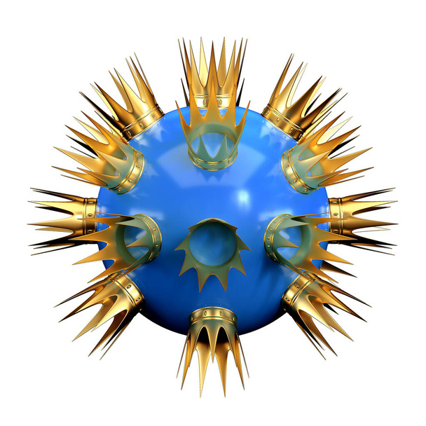 Las coronas de oro están dispersas a través de una bola redonda azul contrastante sobre un fondo blanco. Renderizado 3D
 - Foto, Imagen