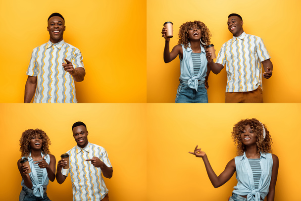 collage of happy african american couple with coffee to go on yellow background - Фото, изображение