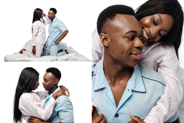 kollázs boldog afro-amerikai pár ölelés az ágyban pizsamában elszigetelt fehér - Fotó, kép